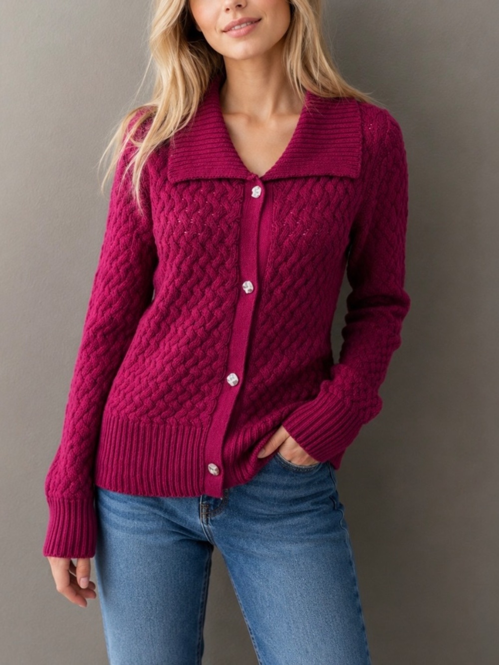 For Love & Lemons Magenta Fuchsia Basket weave Cardigan Sweater Sz S Cabincore